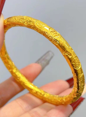 古法金色吉言手镯宽版女款实心闭口金黄色錾刻镯子小众复古风镯子