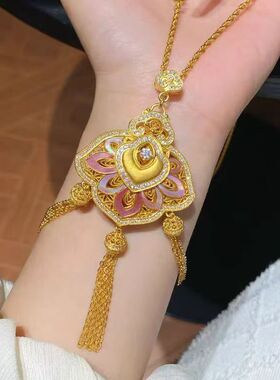 金店同款青云有信锁包吊坠女点钻螺钿锁包项链玲珑花丝球流苏项链