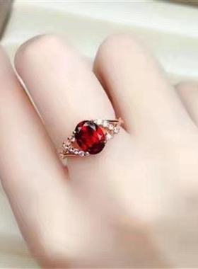 欧美风格s925银天然鸽血红石榴石戒指女潮时尚个性指环简约冷淡风