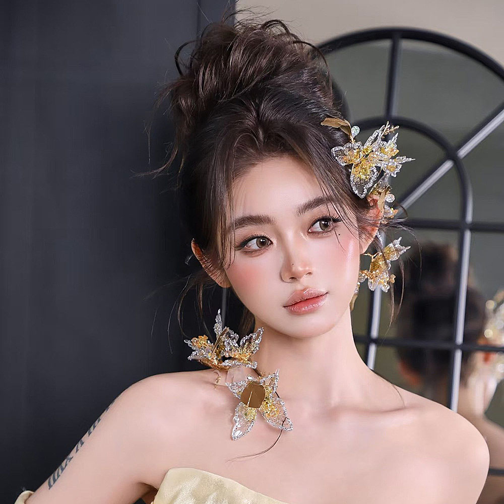 新中式金色羽毛水凝蝴蝶新娘头饰图片
