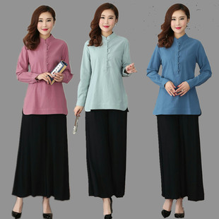 春季新款复古纯色女装棉麻中国风茶楼书院工作服衬衫长袖唐装上衣