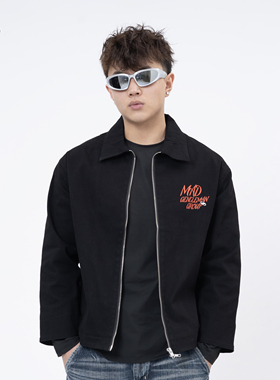 【花体标语】MGG标语印花双拉链夹克黑色系简约BOXY上衣翻领外套