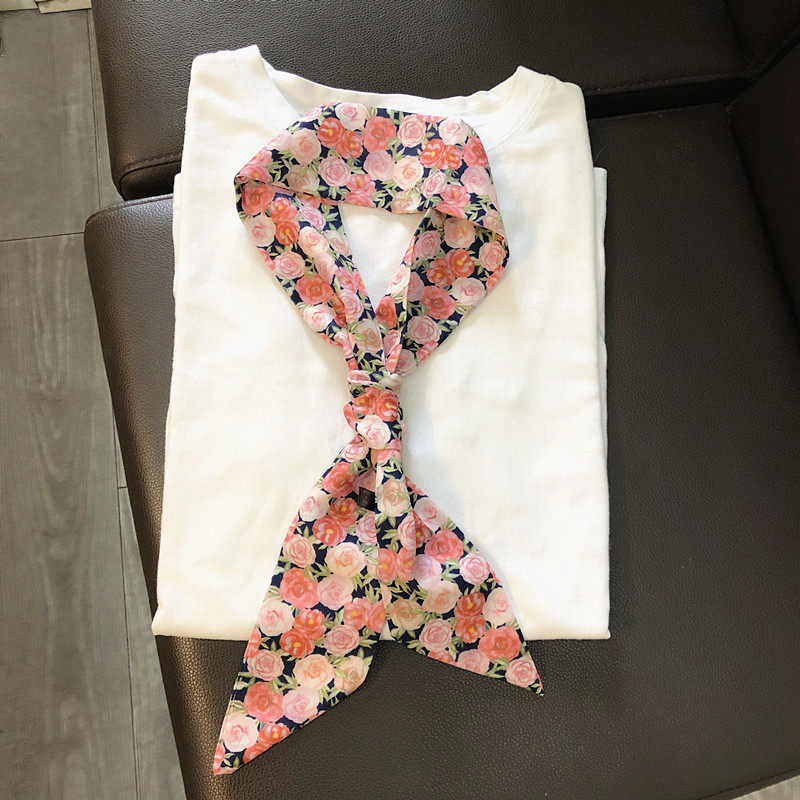 法式粉色碎花丝巾小长条领巾女装饰细窄围巾春长款飘带丝带绑发带