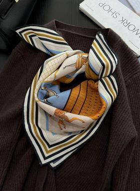 时尚橙色真丝羊毛围巾护颈小方巾女秋冬季2024新款丝巾配大衣围脖