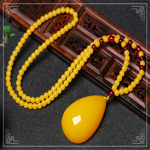 黄蜜蜡吊坠项链项坠毛衣链男款女士鸡油黄复古琥珀天然珠宝工艺品