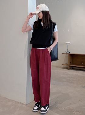 7AM10PM裤子 2022夏新款酱红色高腰休闲裤女百搭显瘦直筒宽松长裤