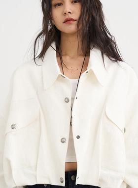 7AM10PM气质白色重工棉麻短外套女2025新款百搭休闲韩版短款上衣