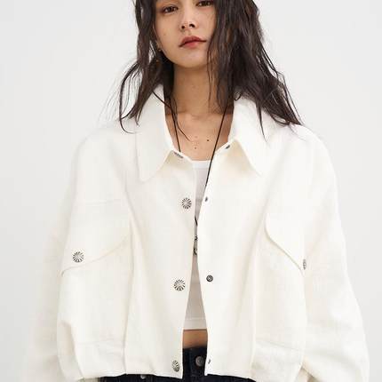 7AM10PM气质白色重工棉麻短外套女2025新款百搭休闲韩版短款上衣