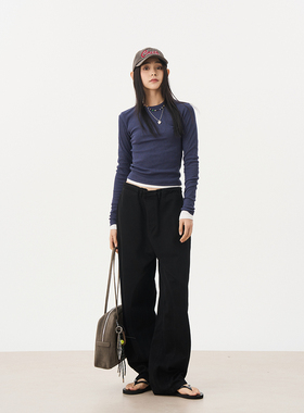 7AM10PM 个性抽绳牛仔裤女 百搭宽松款黑色阔腿裤休闲长裤