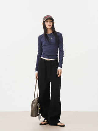 7AM10PM 个性抽绳牛仔裤女 百搭宽松款黑色阔腿裤休闲长裤