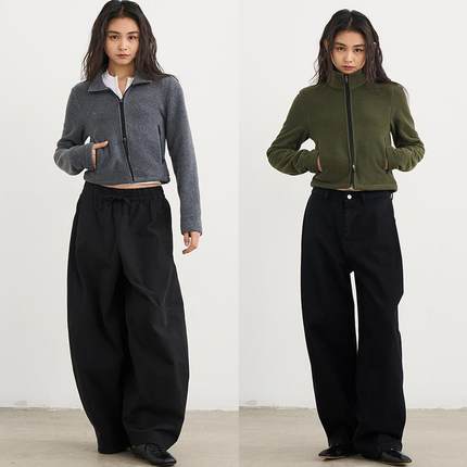 7AM10PM 灰绿双色拉链开衫卫衣女春季休闲百搭上衣修身摇粒绒外套