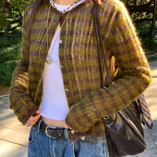 7AM10PM 百搭黄咖条纹马海毛开衫毛衣 个性轻薄开衫外套气质上衣