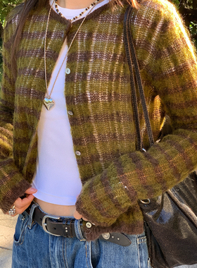 7AM10PM 百搭黄咖条纹马海毛开衫毛衣 个性轻薄开衫外套气质上衣