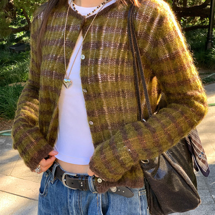 7AM10PM 百搭黄咖条纹马海毛开衫毛衣 个性轻薄开衫外套气质上衣