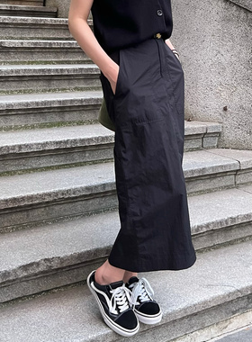 7AM10PM工装半身裙女秋复古开叉长裙美式设计感小众显瘦黑色裙子