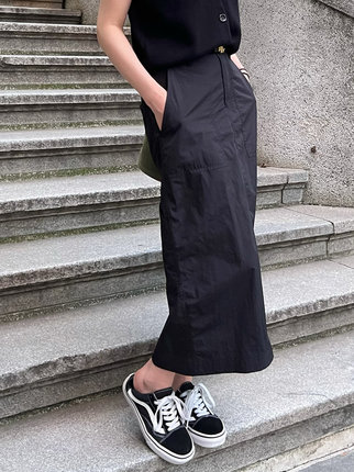 7AM10PM工装半身裙女秋复古开叉长裙美式设计感小众显瘦黑色裙子