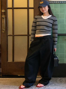 7AM10PM 高级黑色毛圈镰刀卫裤女秋冬宽松显瘦休闲长裤抽绳香蕉裤