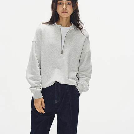 7AM10PM 设计感毛边领拉链门襟卫衣 灰色慵懒风纯色百搭宽松上衣