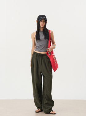 7AM10PM 舒适棉麻阔腿长裤女 绿色微廓宽松休闲长裤 苎麻抽绳卫裤