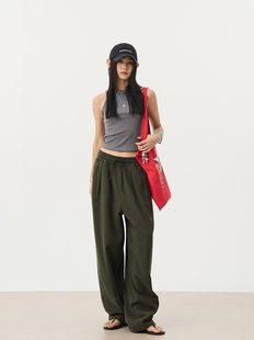 苎麻抽绳卫裤 7AM10PM 绿色微廓宽松休闲长裤 女 舒适棉麻阔腿长裤