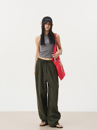 7AM10PM 舒适棉麻阔腿长裤女 绿色微廓宽松休闲长裤 苎麻抽绳卫裤