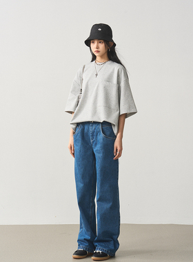 7AM10PM 高级感灰色后中拉链廓形T恤女2024新款宽松口袋简约上衣