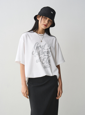 7AM10PM 廓形长款T恤女 2024新款白色宽松短袖字母上衣简约T恤女