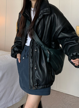 7AM10PM 蛋白皮高级感炸街免洗棉服女2023秋冬面包服黑色皮衣外套