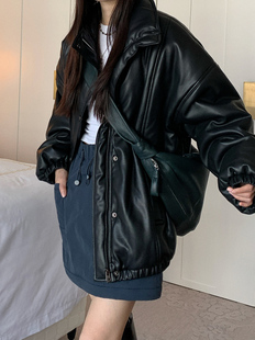 7AM10PM 蛋白皮高级感炸街免洗棉服女2023秋冬面包服黑色皮衣外套