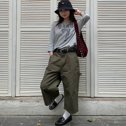 7AM10PM 百搭小绿格工装九分裤女 小个子宽松直筒休闲裤显瘦潮