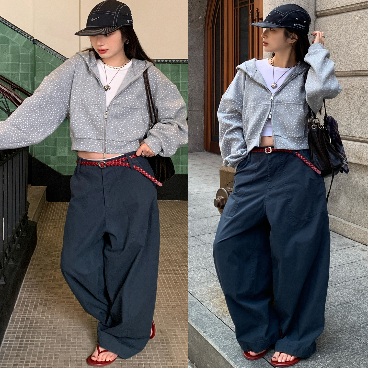 灰色双拉链满印小碎花卫衣