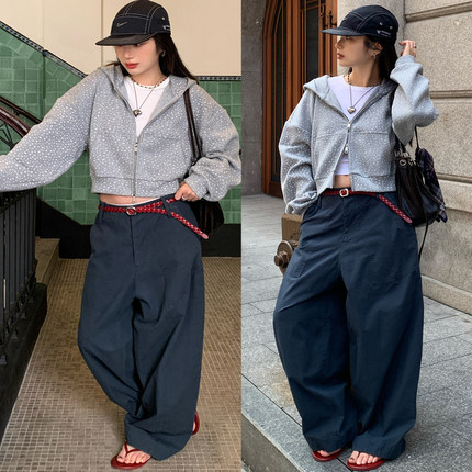 7AM10PM 设计款灰色满印小碎花卫衣女 宽松慵懒双拉链上衣短外套