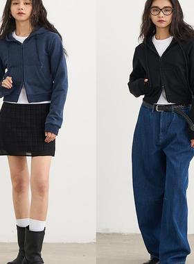 7AM10PM 双拉链黑色连帽卫衣女 蓝色修身开衫百搭短外套卫衣