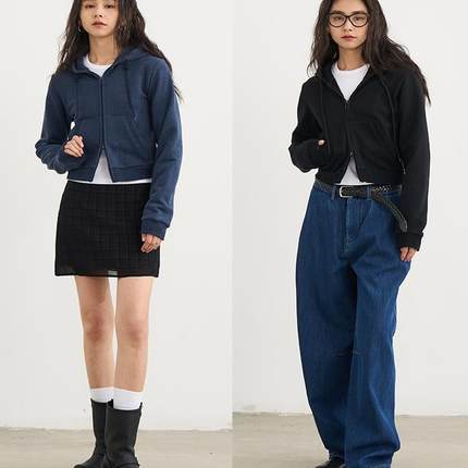 7AM10PM 双拉链黑色连帽卫衣女 蓝色修身开衫百搭短外套卫衣