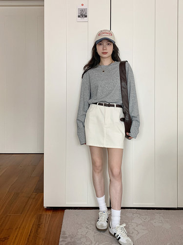 白色灯芯绒高腰半身裙女