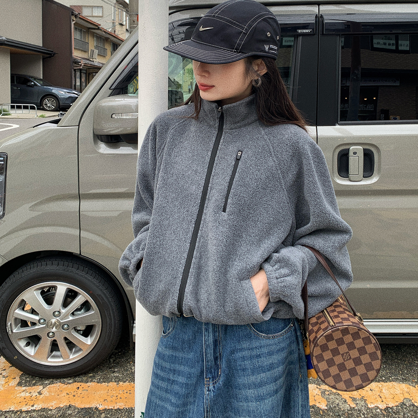 灰色廓形摇粒绒外套双拉链开衫