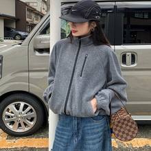 7AM10PM 休闲百搭灰色廓形摇粒绒外套 宽松灰色双拉链开衫卫衣女