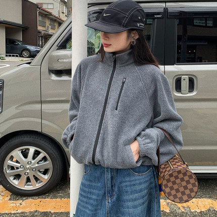 7AM10PM 休闲百搭灰色廓形摇粒绒外套 宽松灰色双拉链开衫卫衣女