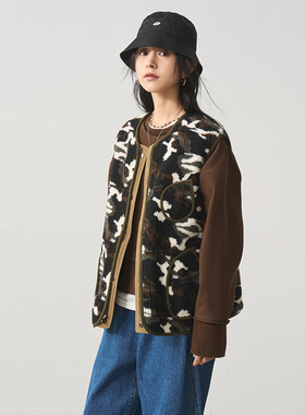 7AM10PM 两面穿羊羔毛马甲 2024复古迷彩背心无袖坎肩夹克外套女