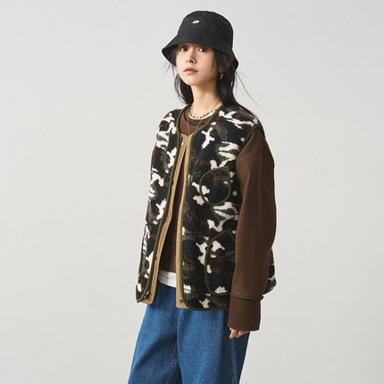 7AM10PM 两面穿羊羔毛马甲 2024复古迷彩背心无袖坎肩夹克外套女