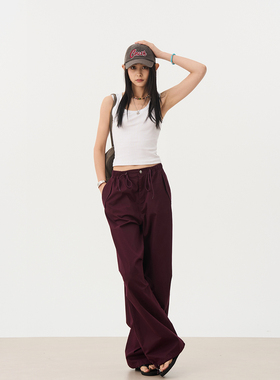 7AM10PM 美式复古工装休闲裤女 紫色抽绳设计宽松膝褶长裤潮