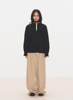 7AM10PM 黑色纯棉质感亨利领衬衣女 百搭轻帆布长袖衬衫叠穿外套