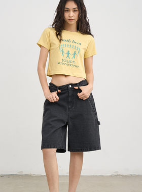 7AM10PM 全棉做旧水洗牛仔短裤女  深灰色五分牛仔裤显瘦中裤潮