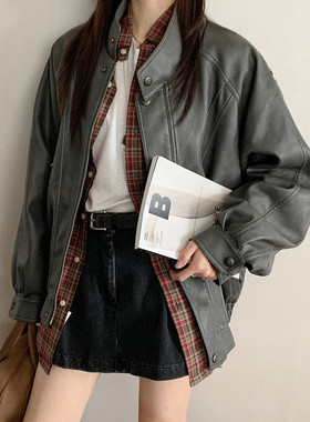 7AM10PM 美式复古灰色皮衣外套女2023秋新款宽松机车PU皮夹克上衣