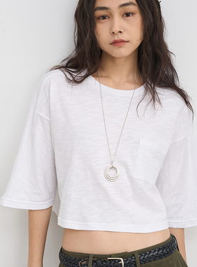 7AM10PM 全棉竹节纹理廓形口袋T恤女 夏季薄款白色短款上衣t恤