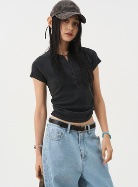 7AM10PM 复古做旧水洗黑亨利领短袖T恤女 小众抽褶修身气质上衣女