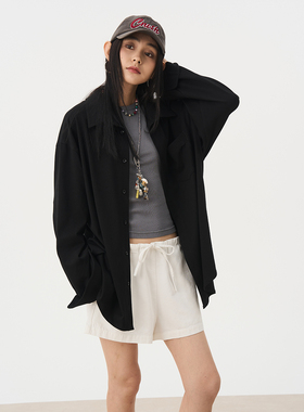 7AM10PM 百搭开衫叠穿长袖外套衬衫女 简约气质黑色针织廓形衬衣