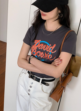 7AM10PM 复古t恤女灰色纯棉百搭美式短袖小个子圆领字母上衣