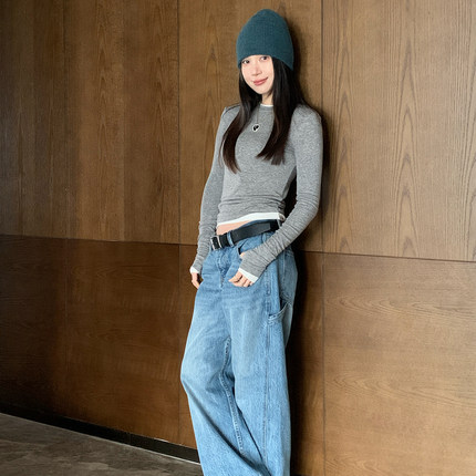 LWL250946 蓝色中腰阔腿牛仔裤