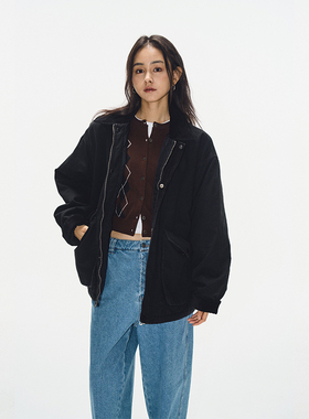 7AM10PM 重工拼接领棉外套女 韩版宽松棉服大衣 黑色工装夹棉风衣